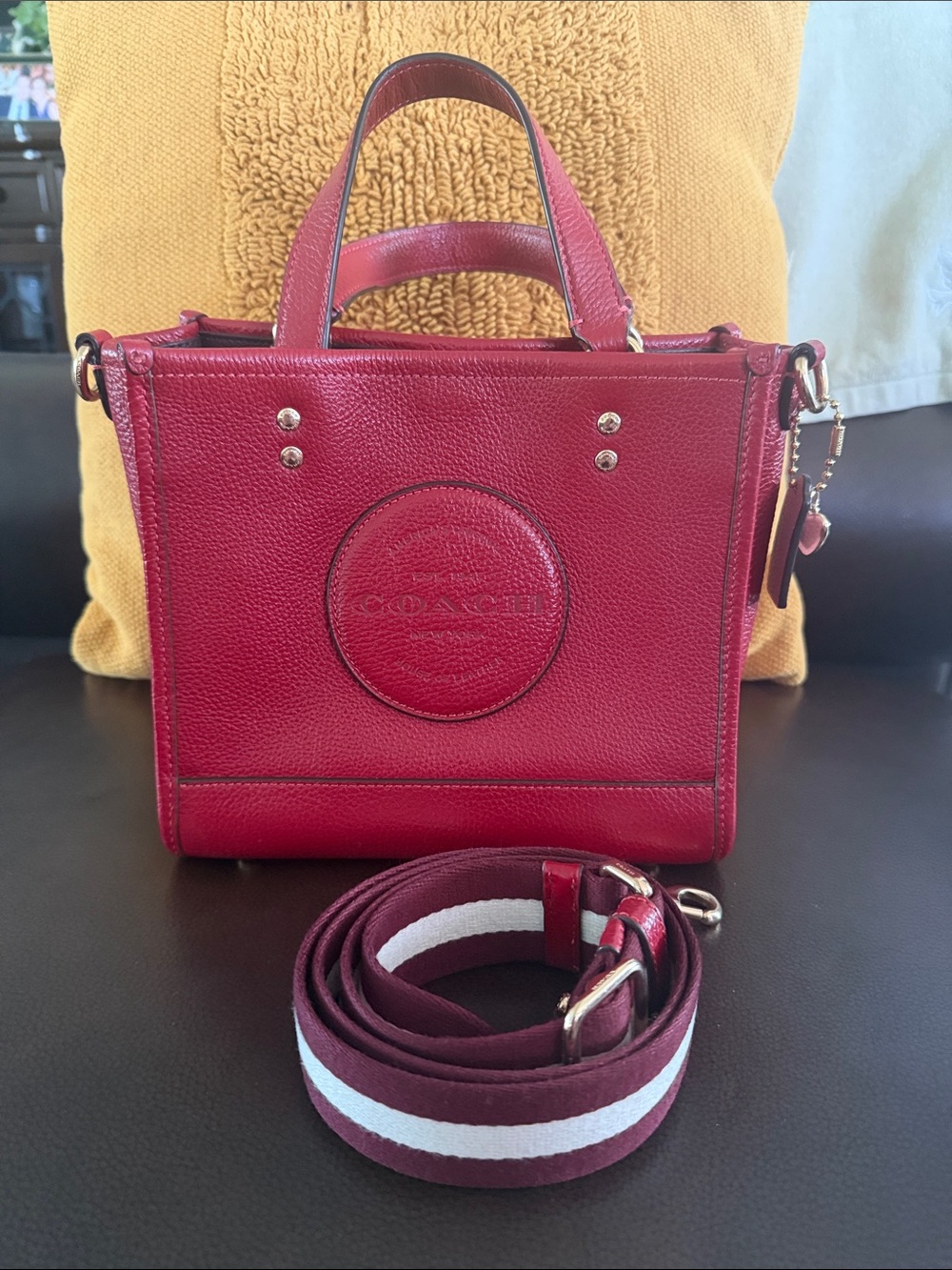 Coach Red Pebbled Leather Crossbody Tote with Striped Removable Strap